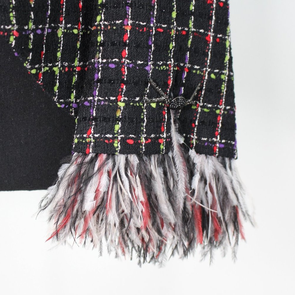 Chanel Black Multicolor Plaid Tweed Ostrich Feather Trim Cuffs Blazer Jacket 44 - Picture 6 of 10